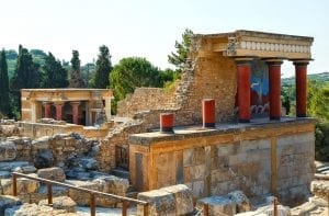 The North Entrance of the Palace with charging bull fresco in Knossos at Crete, Greece
