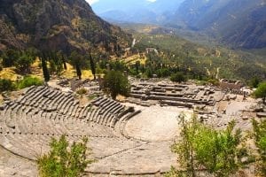 Ancient amphitheater and ruins of Temple of Apollo in Delphi, Gr